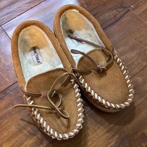 Minnetonka moccasin‎ lined leather upper rubber sole slippers shoes Size 1